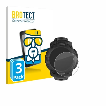 Face avant d’un emballage produit avec le logo de la marque BROTECT. À côté, l’appareil Garmin Instinct 3 Solar Tactical Editi