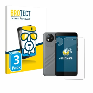 Face avant d’un emballage produit avec le logo de la marque BROTECT. À côté, l’appareil ZTE Blade A35 lite (Avant+Caméra) est 