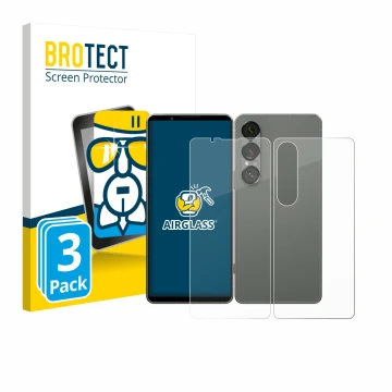 Face avant d’un emballage produit avec le logo de la marque BROTECT. À côté, l’appareil Sony Xperia 1 VII (Avant+Arrière) est 
