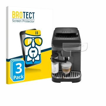 Face avant d’un emballage produit avec le logo de la marque BROTECT. À côté, l’appareil DeLonghi Magnifica Evo est représenté 