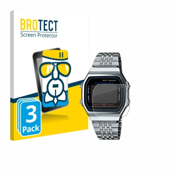 Face avant d’un emballage produit avec le logo de la marque BROTECT. À côté, l’appareil Casio iconic ABL-100WE-1A est représen