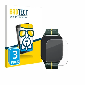 Face avant d’un emballage produit avec le logo de la marque BROTECT. À côté, l’appareil Motorola Moto watch fit est représenté