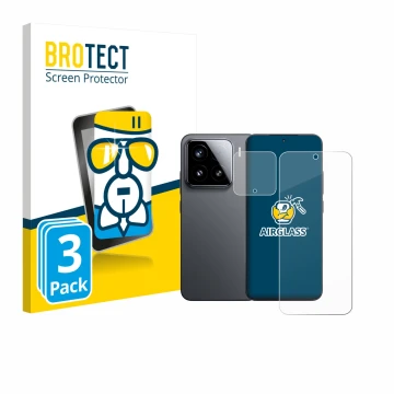 Face avant d’un emballage produit avec le logo de la marque BROTECT. À côté, l’appareil Xiaomi 15 (Avant+Caméra) est représent