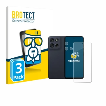 Face avant d’un emballage produit avec le logo de la marque BROTECT. À côté, l’appareil Motorola Moto G56 (Avant+Caméra) est r