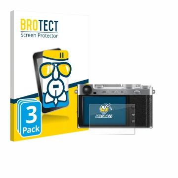 Face avant d’un emballage produit avec le logo de la marque BROTECT. À côté, l’appareil Fujifilm X-E5 est représenté avec la p