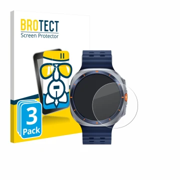 Face avant d’un emballage produit avec le logo de la marque BROTECT. À côté, l’appareil Samsung Galaxy Watch Ultra 2 (47 mm) e