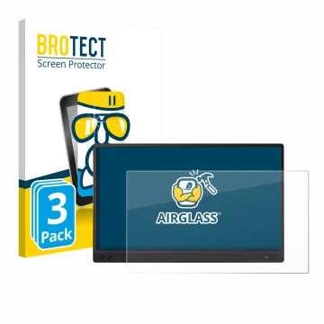 Face avant d’un emballage produit avec le logo de la marque BROTECT. À côté, l’appareil ASUS ZenScreen MB166C est représenté a