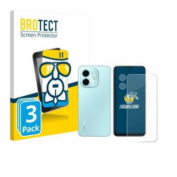 Face avant d’un emballage produit avec le logo de la marque BROTECT. À côté, l’appareil Infinix Smart 9 (Avant+Caméra) est rep