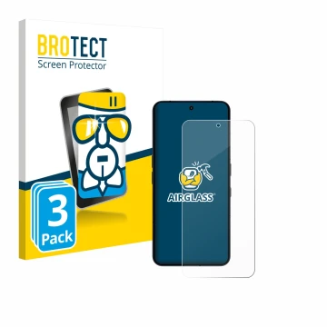 Face avant d’un emballage produit avec le logo de la marque BROTECT. À côté, l’appareil Nothing Phone (3) est représenté avec 