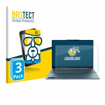 Face avant d’un emballage produit avec le logo de la marque BROTECT. À côté, l’appareil Lenovo Yoga Slim 7 Gen 10 14