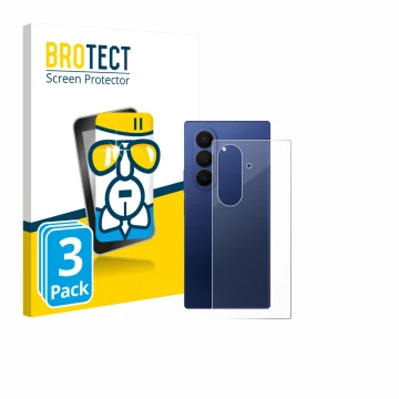 Face avant d’un emballage produit avec le logo de la marque BROTECT. À côté, l’appareil Samsung Galaxy Z Fold 7 (Arrière) est 