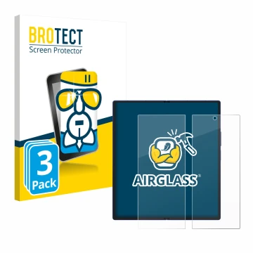 Face avant d’un emballage produit avec le logo de la marque BROTECT. À côté, l’appareil Samsung Galaxy Z Fold 7 (Affichage int