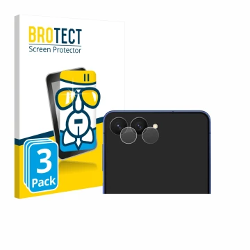 Face avant d’un emballage produit avec le logo de la marque BROTECT. À côté, l’appareil Samsung Galaxy Z Flip 7 (Caméra UNIQUE