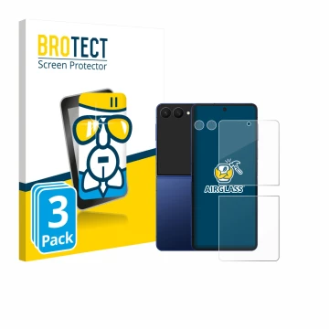 Face avant d’un emballage produit avec le logo de la marque BROTECT. À côté, l’appareil Samsung Galaxy Z Flip 7 (Avant+Caméra)