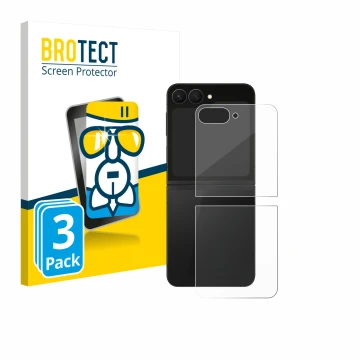 Face avant d’un emballage produit avec le logo de la marque BROTECT. À côté, l’appareil Samsung Galaxy Z Flip 7 FE (Arrière) e
