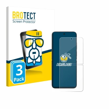 Face avant d’un emballage produit avec le logo de la marque BROTECT. À côté, l’appareil Xiaomi MIX Flip est représenté avec la