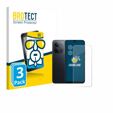 Face avant d’un emballage produit avec le logo de la marque BROTECT. À côté, l’appareil Xiaomi Redmi 15C 4G (Avant+Caméra) est