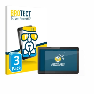 Face avant d’un emballage produit avec le logo de la marque BROTECT. À côté, l’appareil Hannspree Pad 13.3