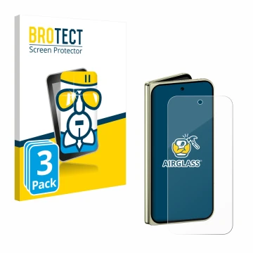 Face avant d’un emballage produit avec le logo de la marque BROTECT. À côté, l’appareil Google Pixel 10 Pro Fold est représent