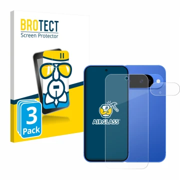 Face avant d’un emballage produit avec le logo de la marque BROTECT. À côté, l’appareil Google Pixel 10 (Avant+Caméra) est rep