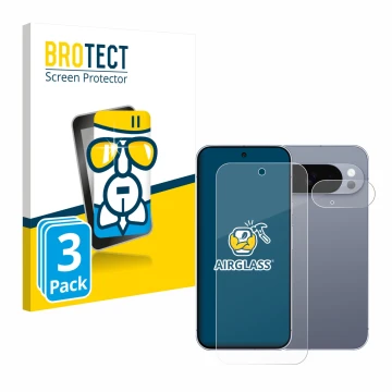 Face avant d’un emballage produit avec le logo de la marque BROTECT. À côté, l’appareil Google Pixel 10 Pro (Avant+Caméra) est