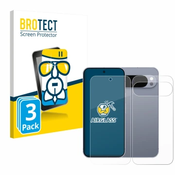 Face avant d’un emballage produit avec le logo de la marque BROTECT. À côté, l’appareil Google Pixel 10 Pro XL (Avant+Arrière)