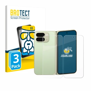 Face avant d’un emballage produit avec le logo de la marque BROTECT. À côté, l’appareil Google Pixel 10 Pro Fold (Avant+Arrièr