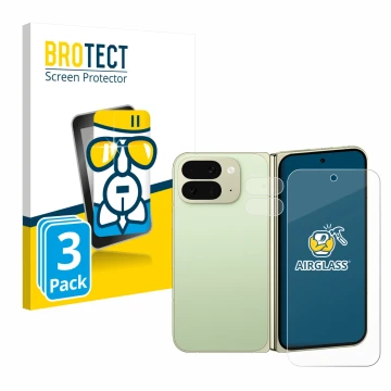 Face avant d’un emballage produit avec le logo de la marque BROTECT. À côté, l’appareil Google Pixel 10 Pro Fold (Avant+Caméra