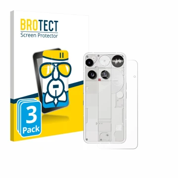 Face avant d’un emballage produit avec le logo de la marque BROTECT. À côté, l’appareil Nothing Phone (3) (Arrière) est représ