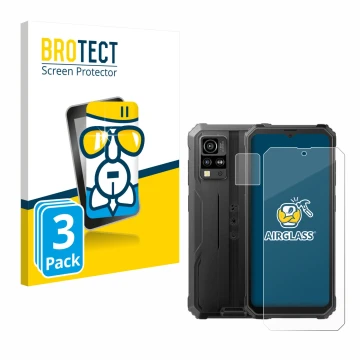 Face avant d’un emballage produit avec le logo de la marque BROTECT. À côté, l’appareil Blackview BV4800 (Avant+Caméra) est re