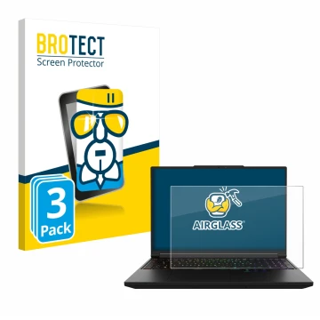 Face avant d’un emballage produit avec le logo de la marque BROTECT. À côté, l’appareil XMG Pro 16 est représenté avec la prot