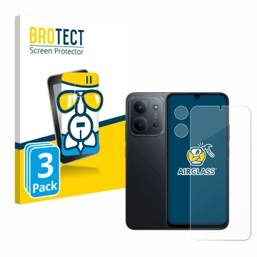 Face avant d’un emballage produit avec le logo de la marque BROTECT. À côté, l’appareil Xiaomi Redmi 15C (Avant+Caméra) est re