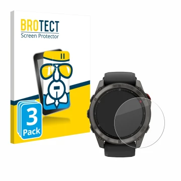 Face avant d’un emballage produit avec le logo de la marque BROTECT. À côté, l’appareil Garmin Fenix 8 Pro AMOLED (51 mm) est 