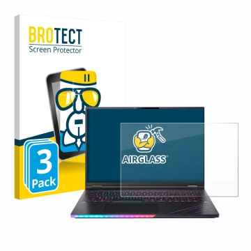 Face avant d’un emballage produit avec le logo de la marque BROTECT. À côté, l’appareil Acer Predator Helios 18 AI PH18-73 est