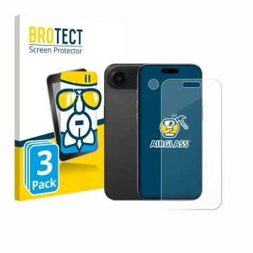 Face avant d’un emballage produit avec le logo de la marque BROTECT. À côté, l’appareil Apple iPhone Air (Avant+Caméra) est re