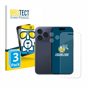 Face avant d’un emballage produit avec le logo de la marque BROTECT. À côté, l’appareil Apple iPhone 17 Pro (Avant+Caméra) est