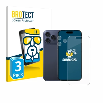 Face avant d’un emballage produit avec le logo de la marque BROTECT. À côté, l’appareil Apple iPhone 17 Pro Max (Avant+Caméra)