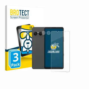 Face avant d’un emballage produit avec le logo de la marque BROTECT. À côté, l’appareil Sony Xperia 10 VII (Avant+Caméra) est 