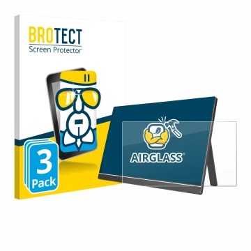Face avant d’un emballage produit avec le logo de la marque BROTECT. À côté, l’appareil Arzopa 60HZ/A1 15.6