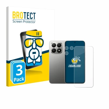 Face avant d’un emballage produit avec le logo de la marque BROTECT. À côté, l’appareil Xiaomi 15T (Avant+Caméra) est représen