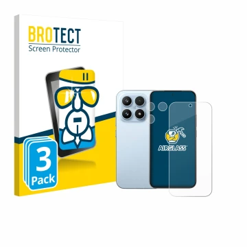 Face avant d’un emballage produit avec le logo de la marque BROTECT. À côté, l’appareil Xiaomi 17 (Avant+Caméra) est représent