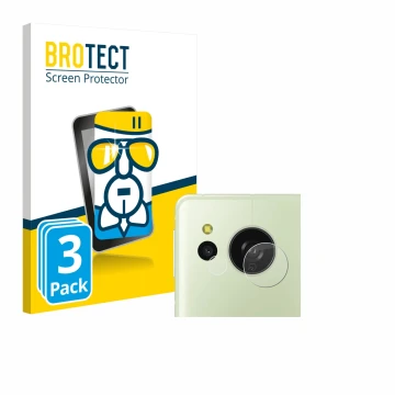 Face avant d’un emballage produit avec le logo de la marque BROTECT. À côté, l’appareil Sharp Aquos Sense 8 (Caméra UNIQUEMENT