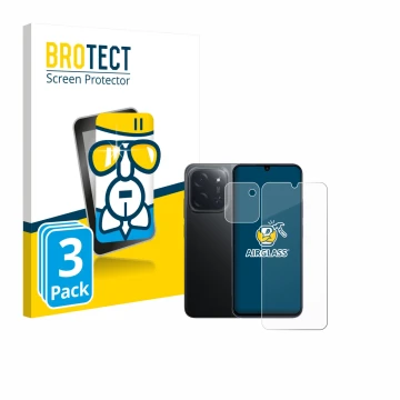 Face avant d’un emballage produit avec le logo de la marque BROTECT. À côté, l’appareil Xiaomi Poco C85 (Avant+Caméra) est rep