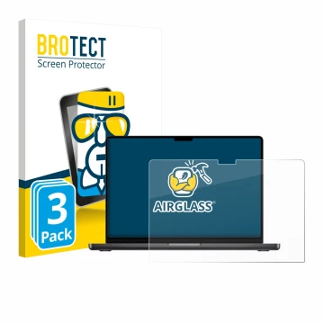 Face avant d’un emballage produit avec le logo de la marque BROTECT. À côté, l’appareil Apple MacBook Pro 14