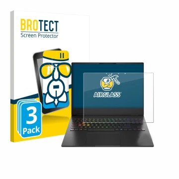 Face avant d’un emballage produit avec le logo de la marque BROTECT. À côté, l’appareil HP Omen Transcend 16-u1000nl est repré