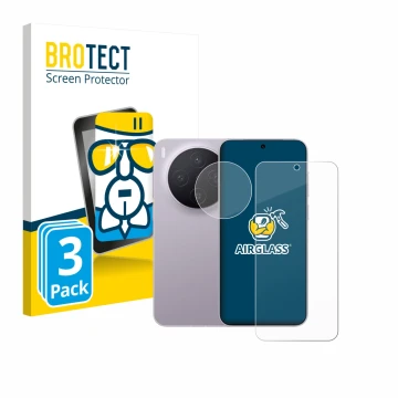 Face avant d’un emballage produit avec le logo de la marque BROTECT. À côté, l’appareil Vivo X300 (Avant+Caméra) est représent