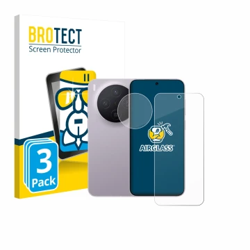 Face avant d’un emballage produit avec le logo de la marque BROTECT. À côté, l’appareil Vivo X300 Pro (Avant+Caméra) est repré