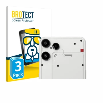 Face avant d’un emballage produit avec le logo de la marque BROTECT. À côté, l’appareil Nothing Phone (3a) Lite (Caméra UNIQUE