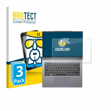 Face avant d’un emballage produit avec le logo de la marque BROTECT. À côté, l’appareil Tuxedo InfinityBook Pro 14 Gen 10 est 