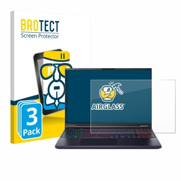 Face avant d’un emballage produit avec le logo de la marque BROTECT. À côté, l’appareil Acer Predator Helios Neo 16 AI est rep